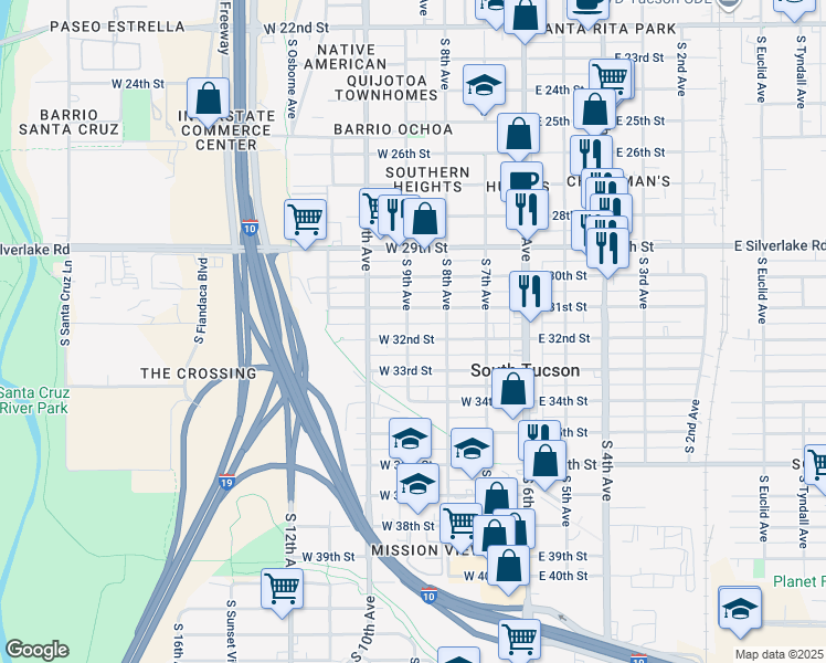 map of restaurants, bars, coffee shops, grocery stores, and more near 249 West 31st Street in Tucson