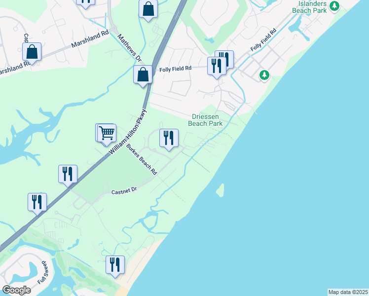 map of restaurants, bars, coffee shops, grocery stores, and more near 10 5th Street in Hilton Head Island