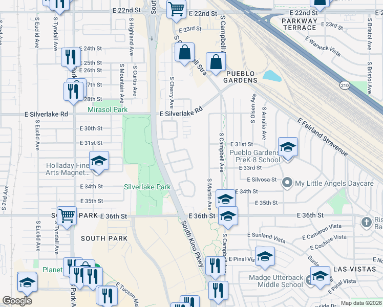map of restaurants, bars, coffee shops, grocery stores, and more near 2141 South Saint Suzanne Drive in Tucson