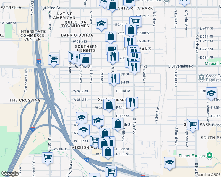 map of restaurants, bars, coffee shops, grocery stores, and more near 5 West 31st Street in Tucson