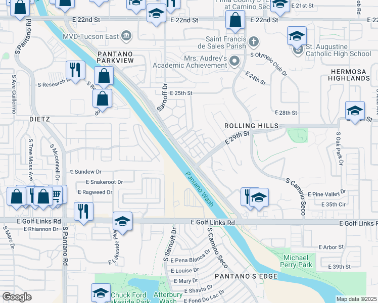 map of restaurants, bars, coffee shops, grocery stores, and more near 2098 Hazletine Lane in Tucson