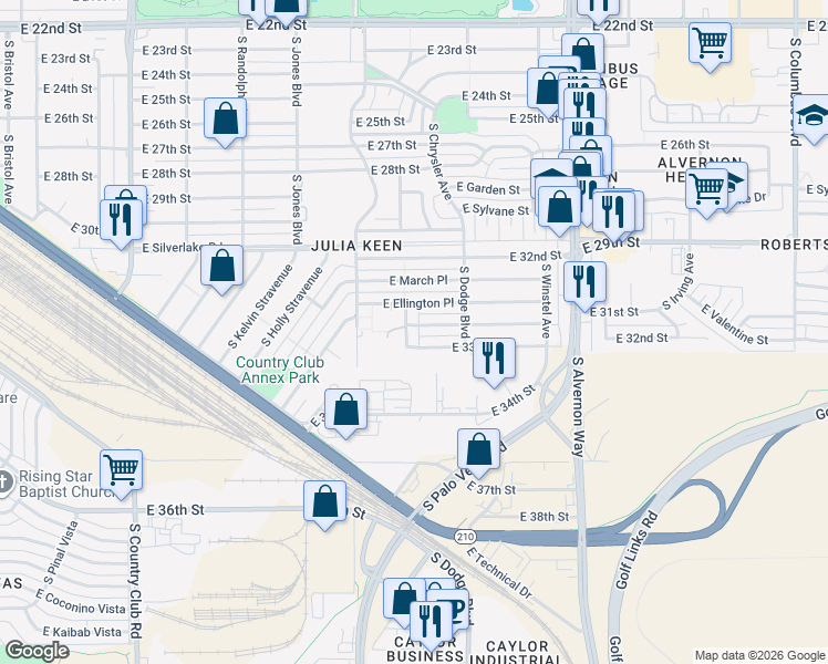 map of restaurants, bars, coffee shops, grocery stores, and more near 2111 Richey Boulevard in Tucson