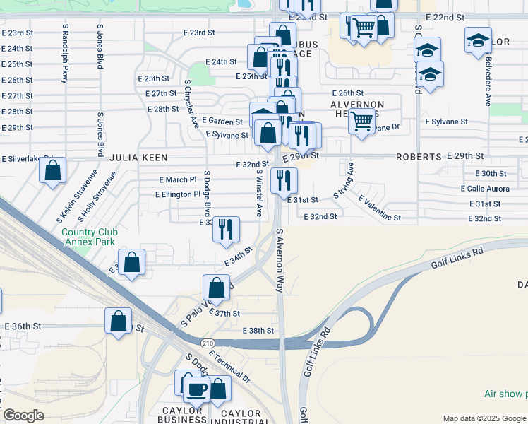 map of restaurants, bars, coffee shops, grocery stores, and more near 2110 South Alvernon Way in Tucson