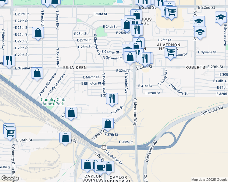 map of restaurants, bars, coffee shops, grocery stores, and more near 3718 East Ellington Place in Tucson