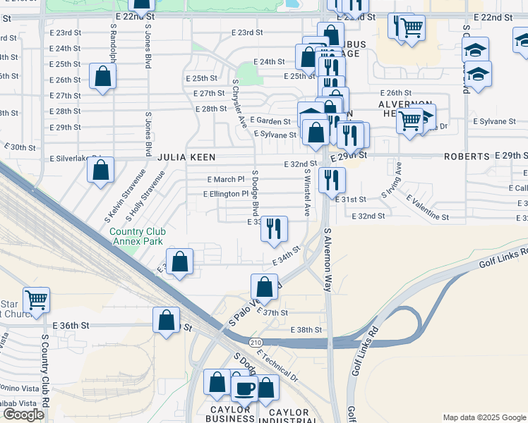 map of restaurants, bars, coffee shops, grocery stores, and more near 3718 East Ellington Place in Tucson