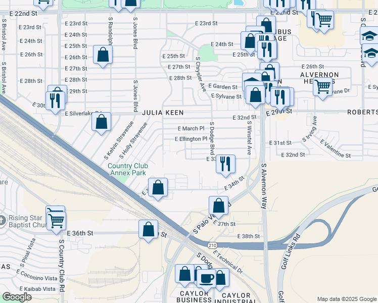 map of restaurants, bars, coffee shops, grocery stores, and more near 2111 Richey Boulevard in Tucson