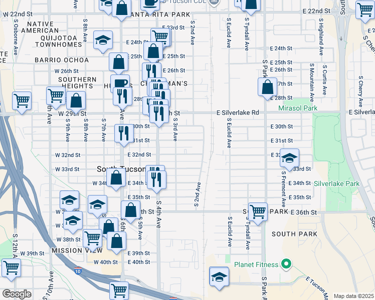 map of restaurants, bars, coffee shops, grocery stores, and more near 438 East 31st Street in Tucson