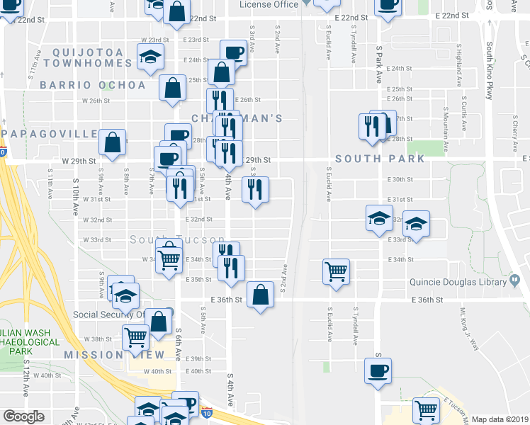map of restaurants, bars, coffee shops, grocery stores, and more near 438 East 31st Street in Tucson