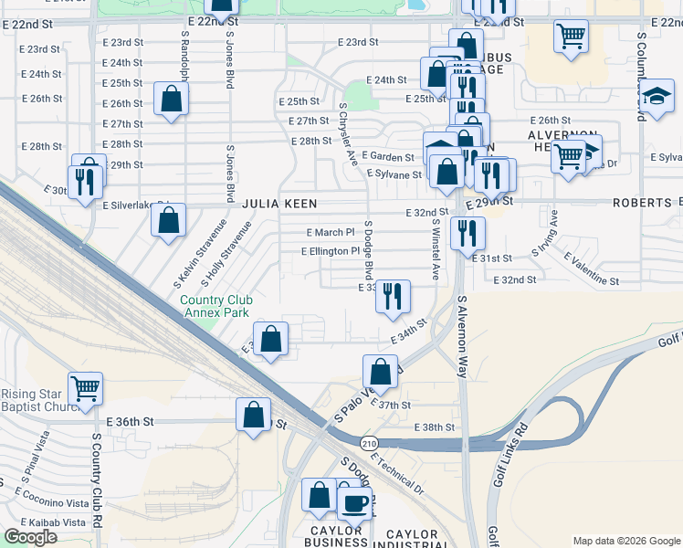 map of restaurants, bars, coffee shops, grocery stores, and more near 3642 East Shepherd Place in Tucson