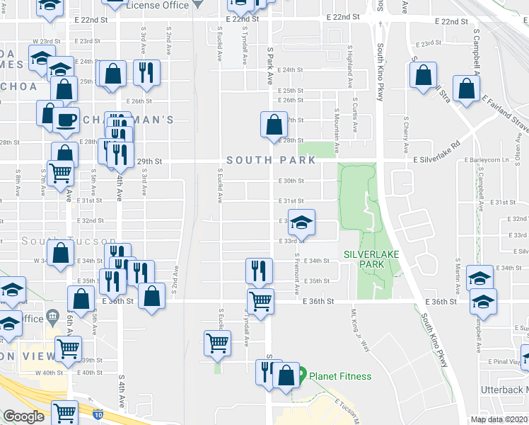 map of restaurants, bars, coffee shops, grocery stores, and more near 2120 South Park Avenue in Tucson