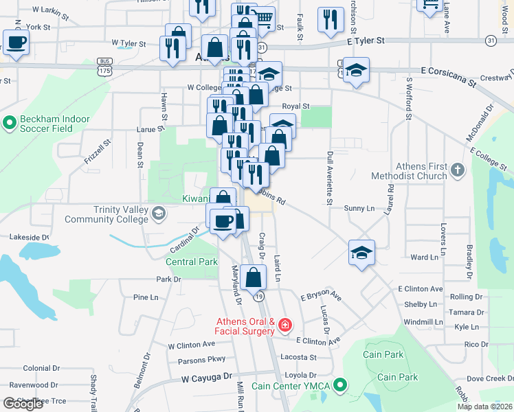 map of restaurants, bars, coffee shops, grocery stores, and more near 184 Robbins Road in Athens