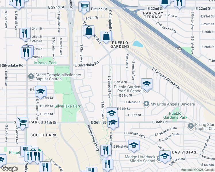 map of restaurants, bars, coffee shops, grocery stores, and more near 1801 East 31st Street in Tucson