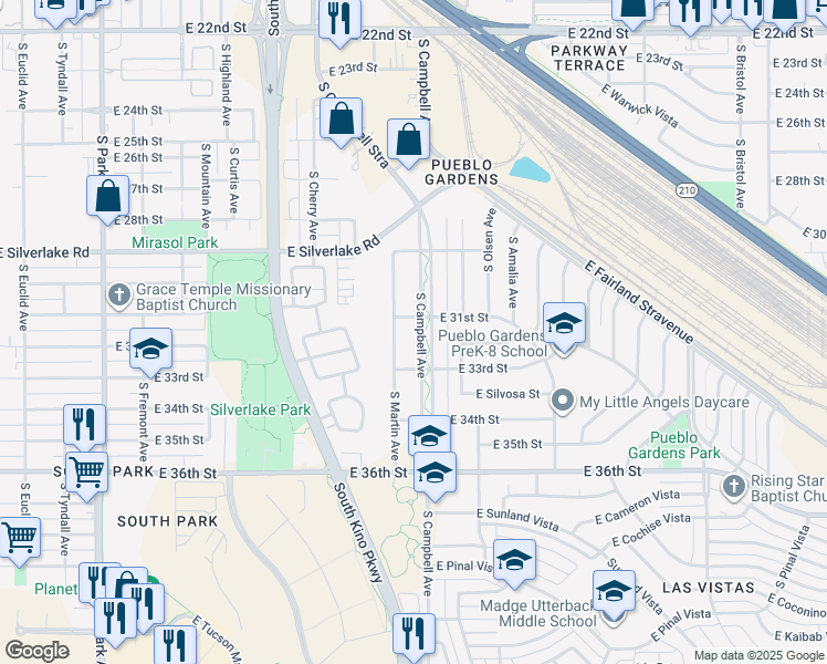 map of restaurants, bars, coffee shops, grocery stores, and more near 1801 East 31st Street in Tucson