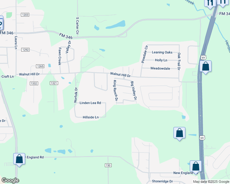 map of restaurants, bars, coffee shops, grocery stores, and more near King Ranch Drive in Smith County