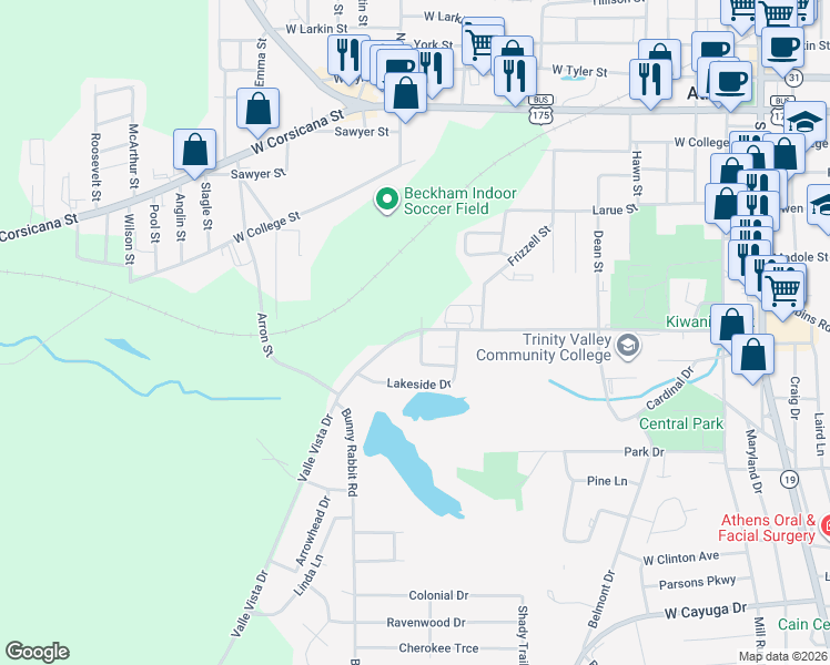 map of restaurants, bars, coffee shops, grocery stores, and more near 605 Valle Vista Drive in Athens