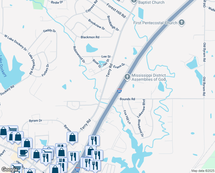 map of restaurants, bars, coffee shops, grocery stores, and more near 5568 Terry Road in Byram