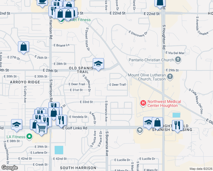 map of restaurants, bars, coffee shops, grocery stores, and more near 2028 South Bird Song Drive in Tucson