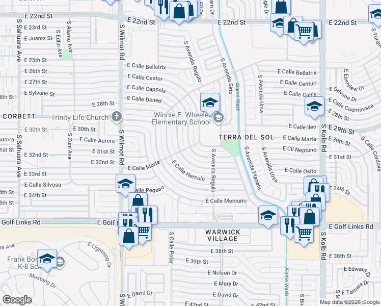 map of restaurants, bars, coffee shops, grocery stores, and more near 6602 East Calle Castor in Tucson