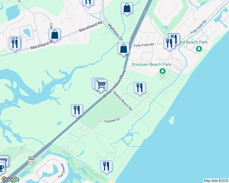 map of restaurants, bars, coffee shops, grocery stores, and more near 604 William Hilton Parkway in Hilton Head Island