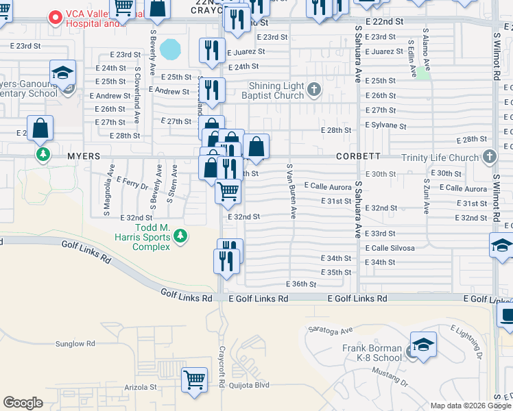 map of restaurants, bars, coffee shops, grocery stores, and more near 5618 East 31st Street in Tucson