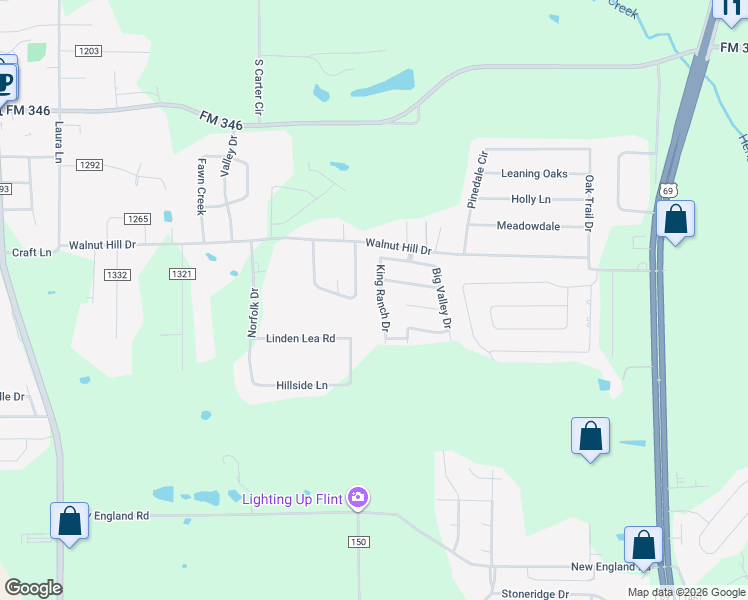 map of restaurants, bars, coffee shops, grocery stores, and more near 19402 King Ranch Drive in Flint
