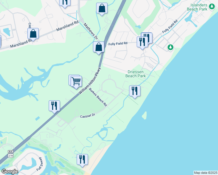 map of restaurants, bars, coffee shops, grocery stores, and more near 10 5th St in Hilton Head Island
