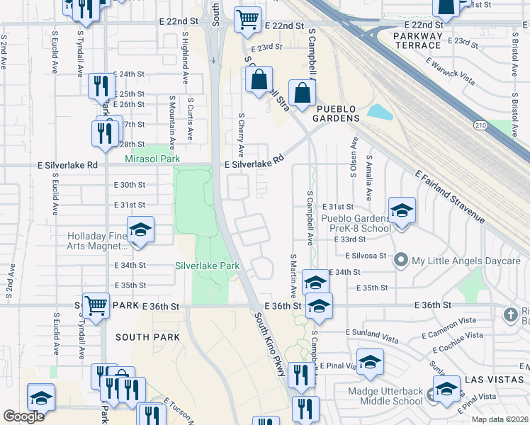 map of restaurants, bars, coffee shops, grocery stores, and more near 2141 South Saint Suzanne Drive in Tucson