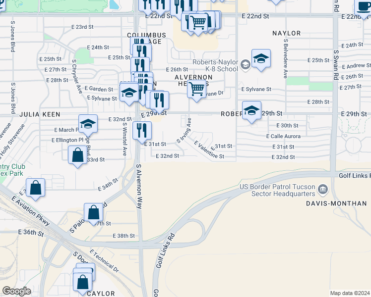map of restaurants, bars, coffee shops, grocery stores, and more near 2107 South Irving Avenue in Tucson