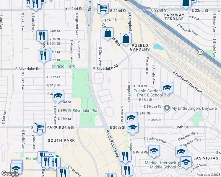 map of restaurants, bars, coffee shops, grocery stores, and more near 2141 South Saint Suzanne Drive in Tucson