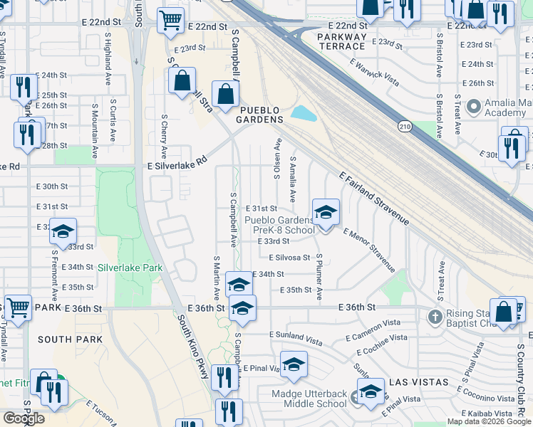 map of restaurants, bars, coffee shops, grocery stores, and more near 2050 South Olsen Avenue in Tucson