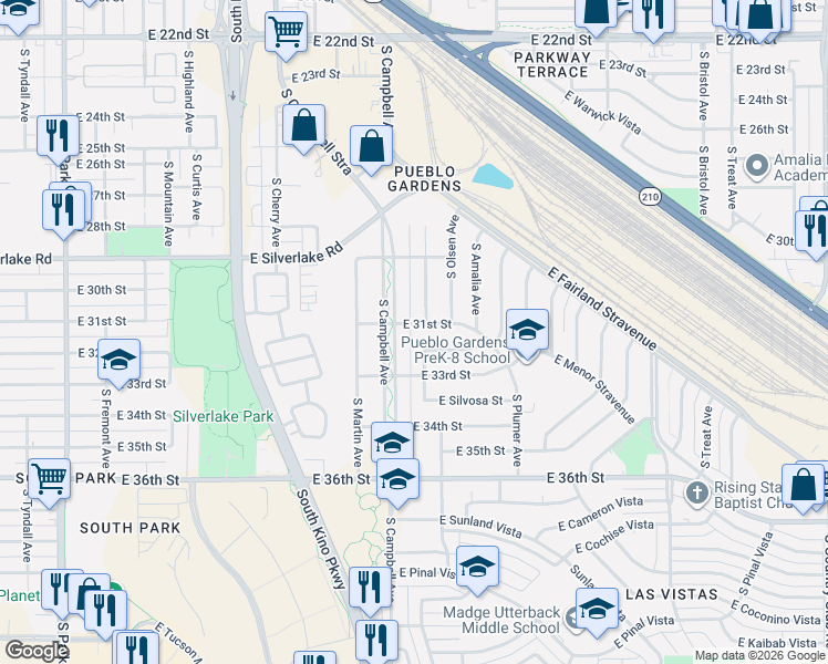 map of restaurants, bars, coffee shops, grocery stores, and more near 2029 East 31st Street in Tucson