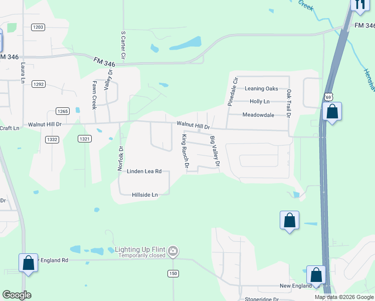 map of restaurants, bars, coffee shops, grocery stores, and more near 19401 King Ranch Drive in Flint