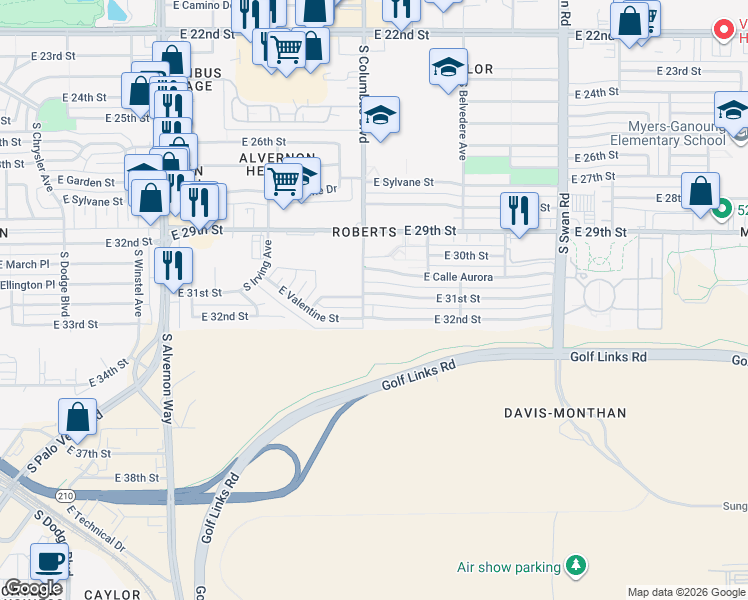 map of restaurants, bars, coffee shops, grocery stores, and more near 4265 East 31st Street in Tucson