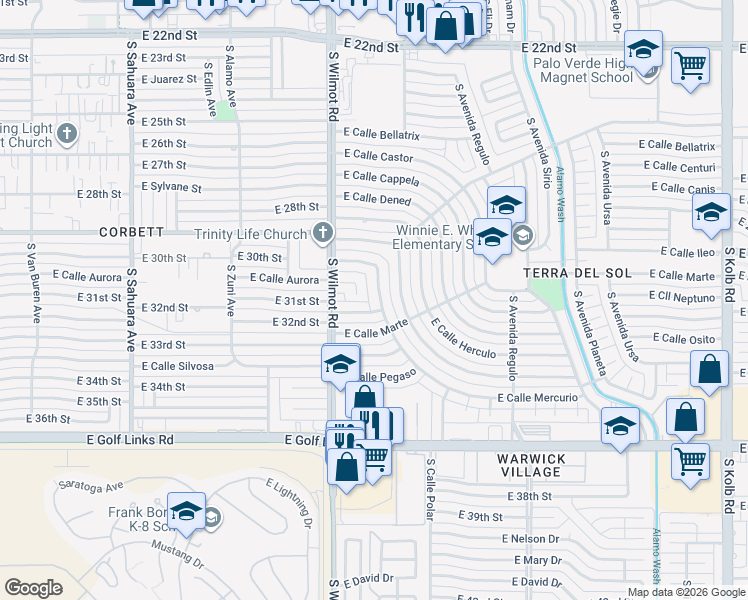 map of restaurants, bars, coffee shops, grocery stores, and more near 6420 East Calle Mercurio in Tucson