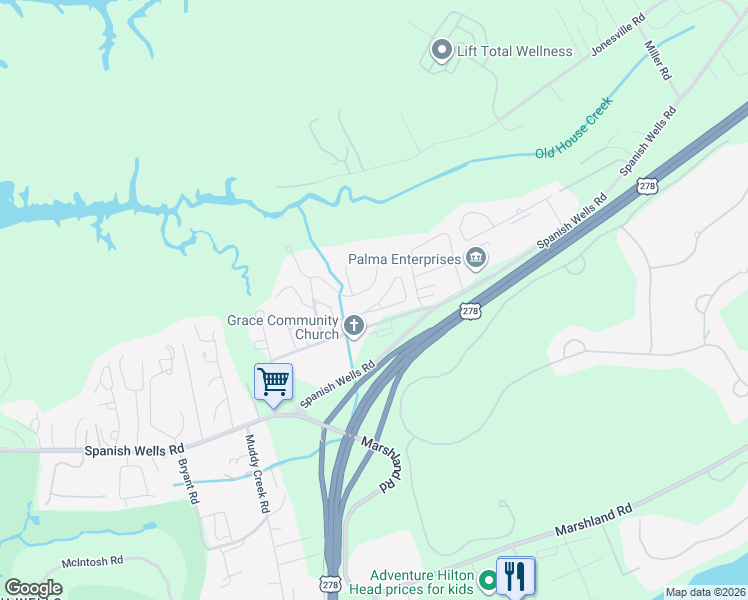 map of restaurants, bars, coffee shops, grocery stores, and more near 47 Gold Oak Drive in Hilton Head Island