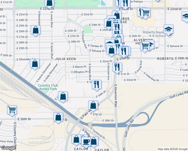 map of restaurants, bars, coffee shops, grocery stores, and more near 3725 East Shepherd Place in Tucson