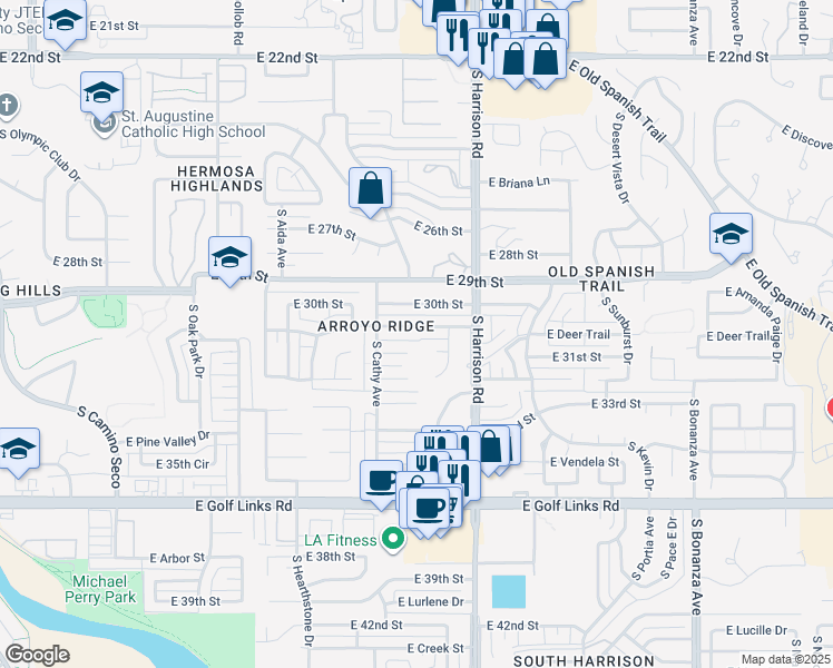 map of restaurants, bars, coffee shops, grocery stores, and more near 9410 East Deer Trail in Tucson