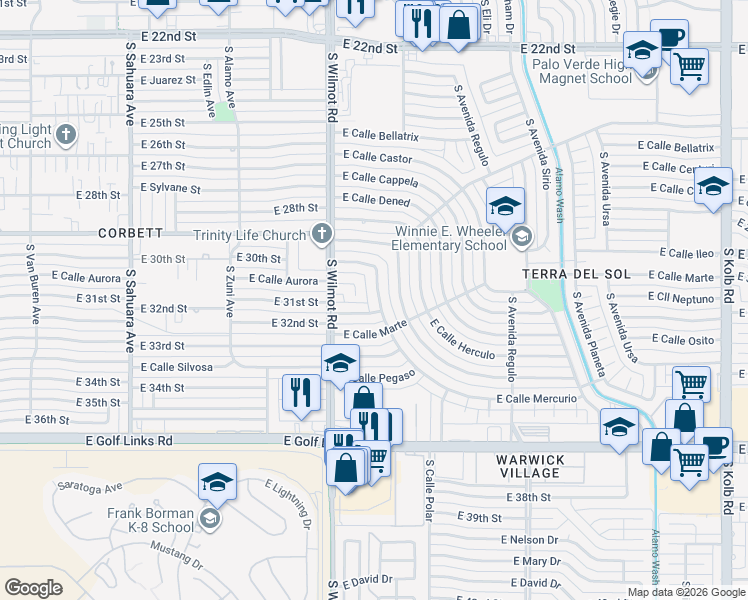 map of restaurants, bars, coffee shops, grocery stores, and more near 6420 East Calle Mercurio in Tucson