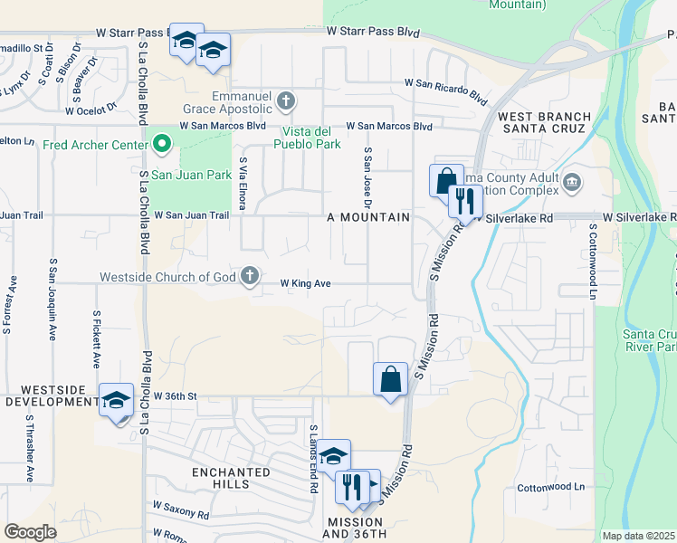 map of restaurants, bars, coffee shops, grocery stores, and more near 2090 South Sylvester Drive in Tucson