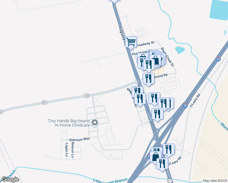 map of restaurants, bars, coffee shops, grocery stores, and more near 134 Georgia 30 in Port Wentworth