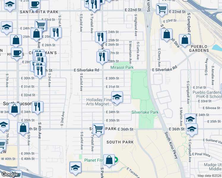 map of restaurants, bars, coffee shops, grocery stores, and more near 1042 East 31st Street in Tucson