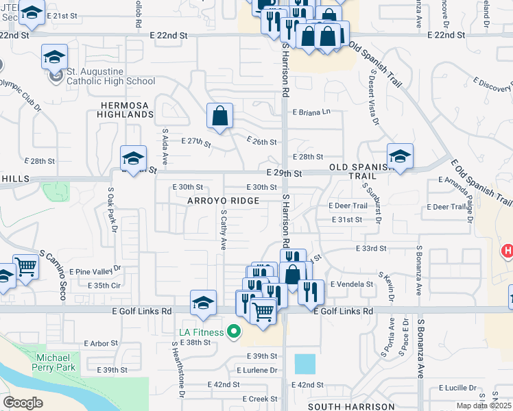 map of restaurants, bars, coffee shops, grocery stores, and more near 9410 East Deer Trail in Tucson