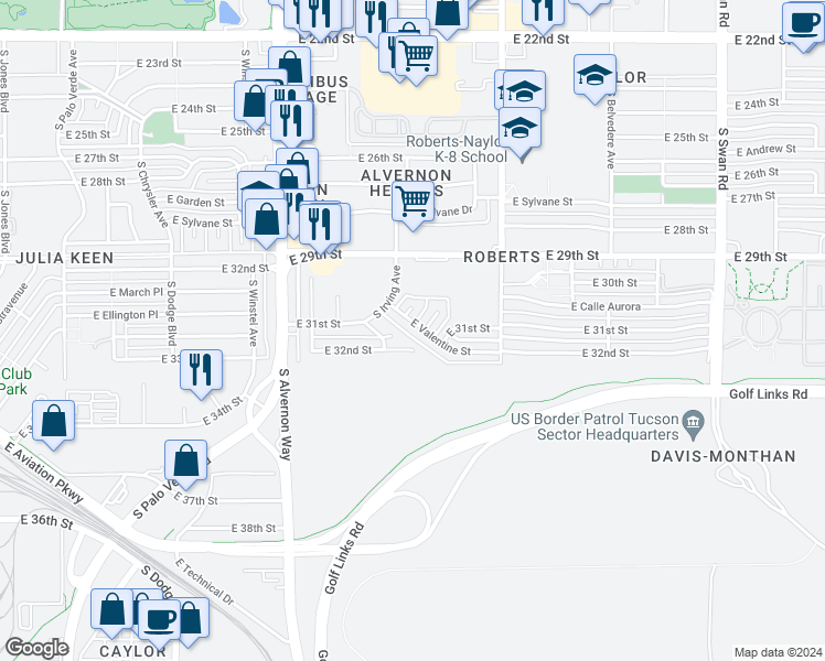 map of restaurants, bars, coffee shops, grocery stores, and more near 4134 East Valentine Street in Tucson