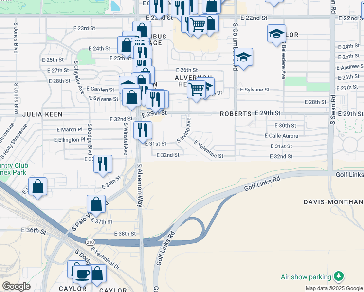 map of restaurants, bars, coffee shops, grocery stores, and more near 2107 South Irving Avenue in Tucson