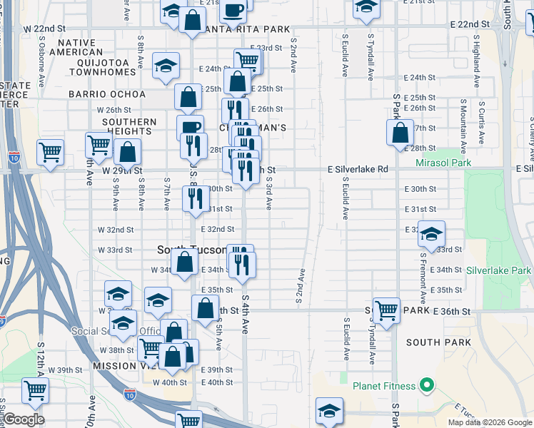 map of restaurants, bars, coffee shops, grocery stores, and more near 2112 South 3rd Avenue in Tucson