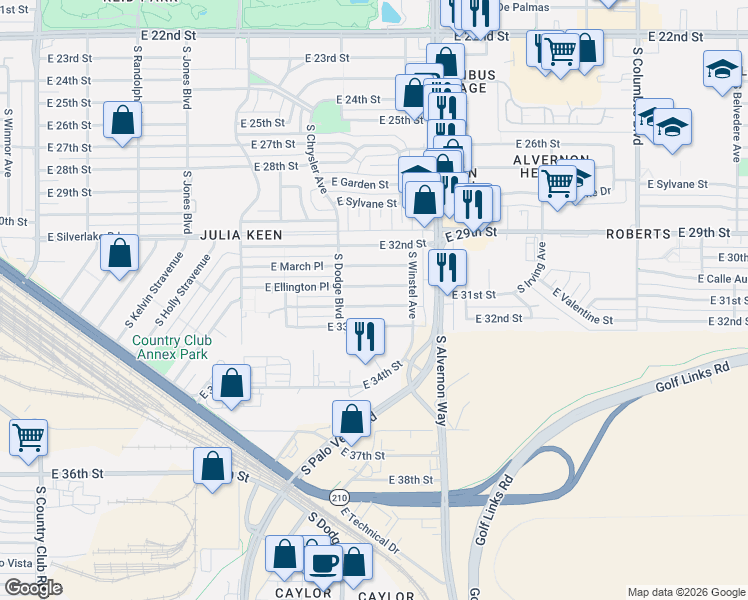 map of restaurants, bars, coffee shops, grocery stores, and more near 3762 East Ellington Place in Tucson