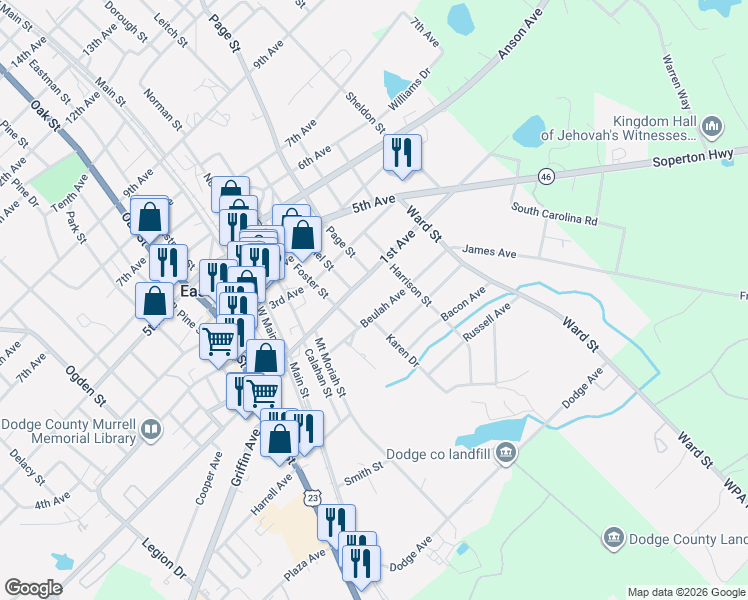 map of restaurants, bars, coffee shops, grocery stores, and more near 5527 Beulah Avenue in Eastman