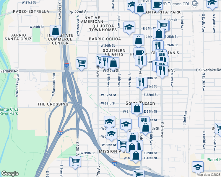 map of restaurants, bars, coffee shops, grocery stores, and more near 249 West 31st Street in Tucson