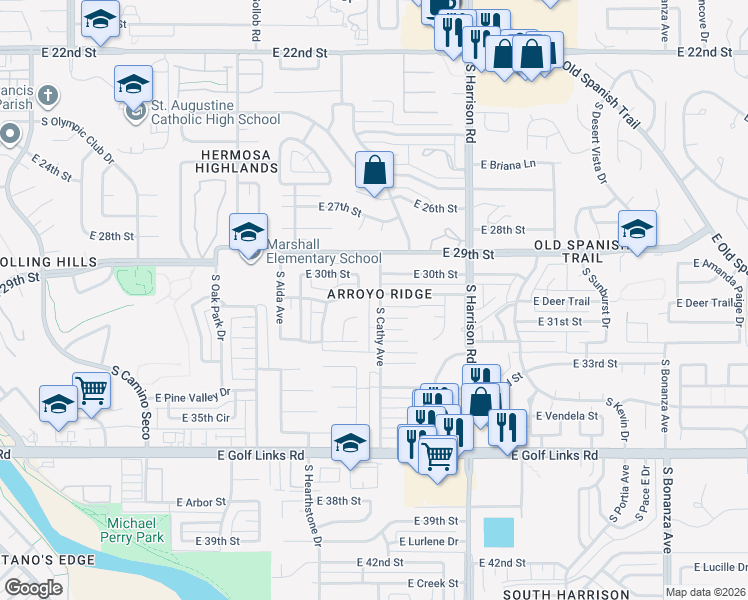 map of restaurants, bars, coffee shops, grocery stores, and more near 9242 East Deer Trail in Tucson