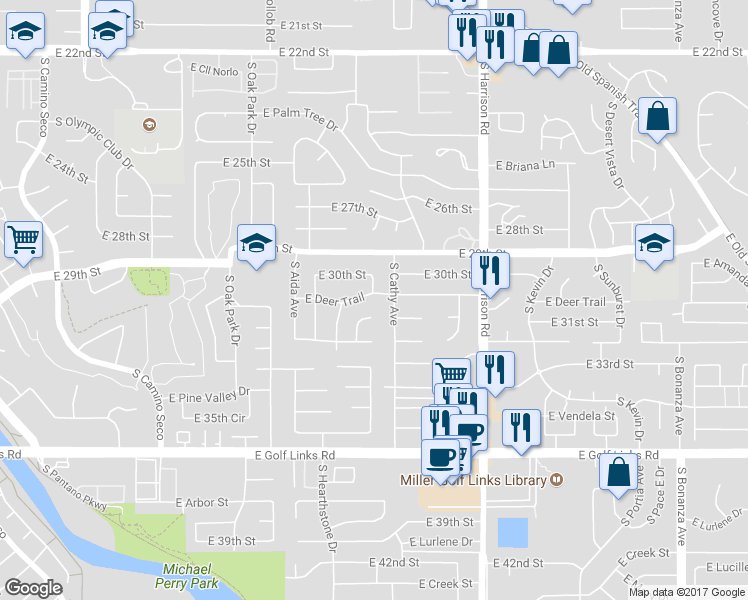 map of restaurants, bars, coffee shops, grocery stores, and more near 9242 East Deer Trail in Tucson